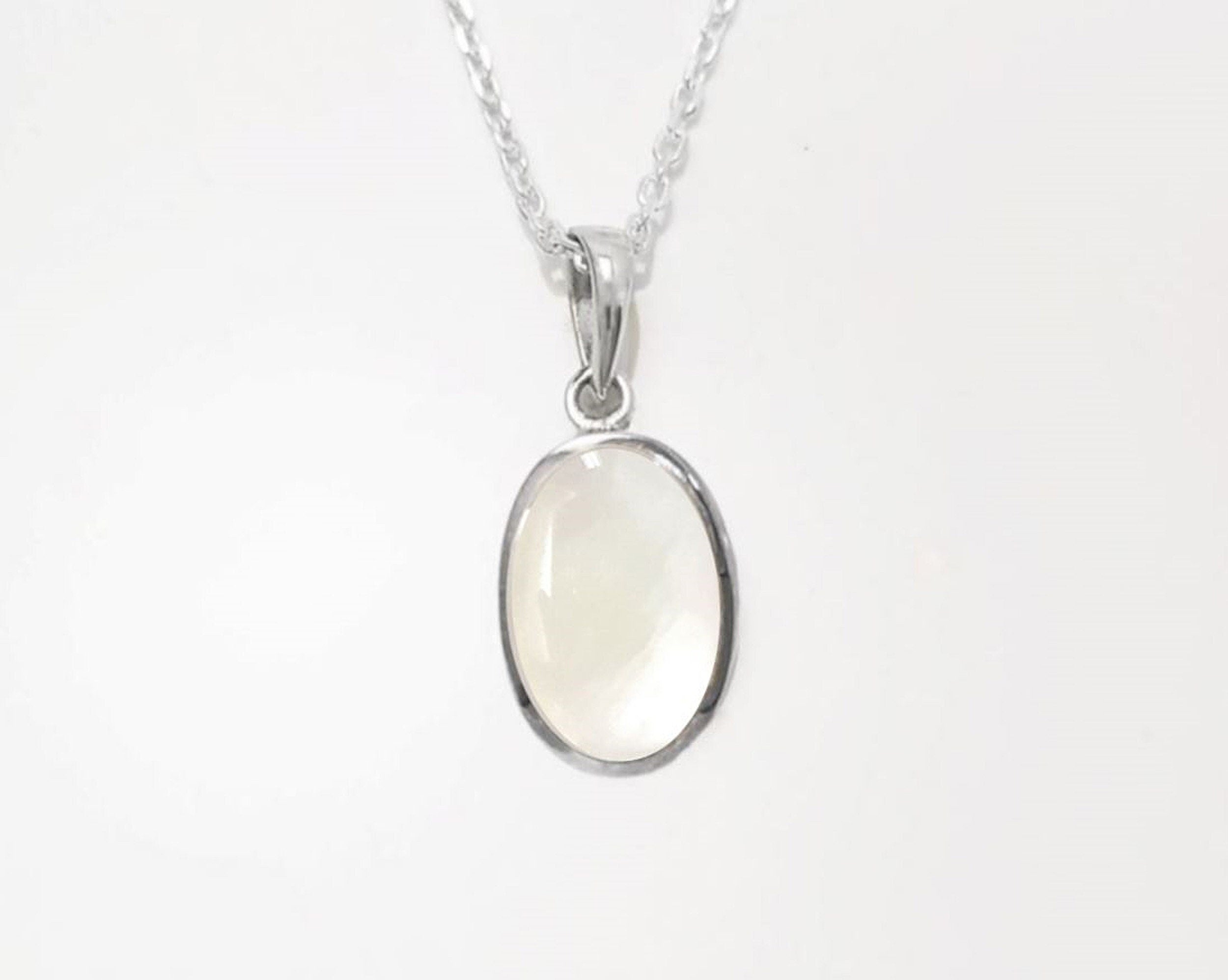 Flat Oval Pendant, Sterling Silver Genuine Mother of Pearl Gemstone with Rainbow reflection, Small Everyday jewelry, Modern Minimalist Style