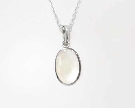 Flat Oval Pendant, Sterling Silver Genuine Mother of Pearl Gemstone with Rainbow reflection, Small Everyday jewelry, Modern Minimalist Style