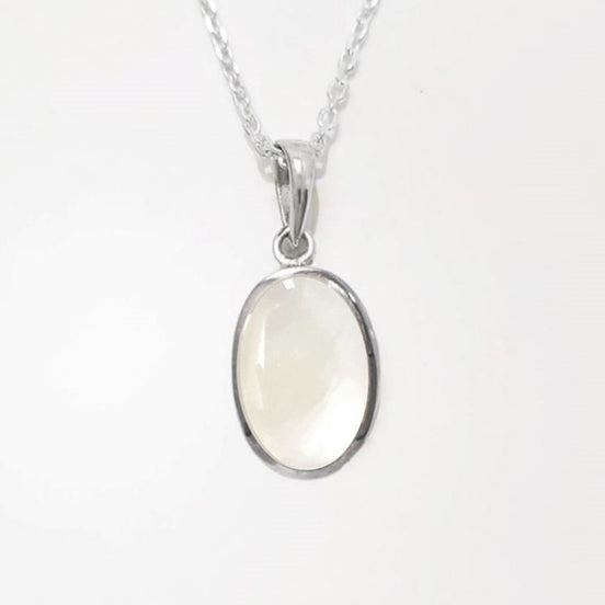 Flat Oval Pendant, Sterling Silver Genuine Mother of Pearl Gemstone with Rainbow reflection, Small Everyday jewelry, Modern Minimalist Style