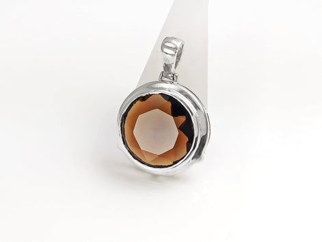 925 Brown Smoky Quartz Stone, Round Silver Pendant, Sterling Silver, Manmade Deep Brown Colored Cz Stone, Statement Big Round, Necklace Gift