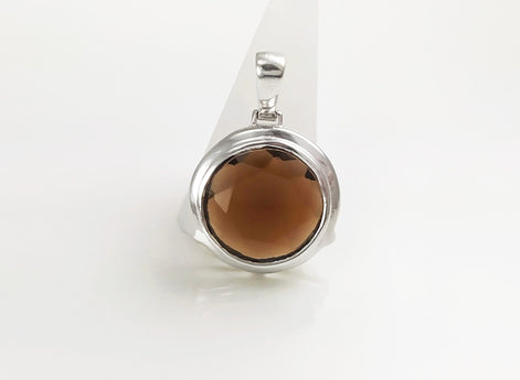 925 Brown Smoky Quartz Stone, Round Silver Pendant, Sterling Silver, Manmade Deep Brown Colored Cz Stone, Statement Big Round, Necklace Gift