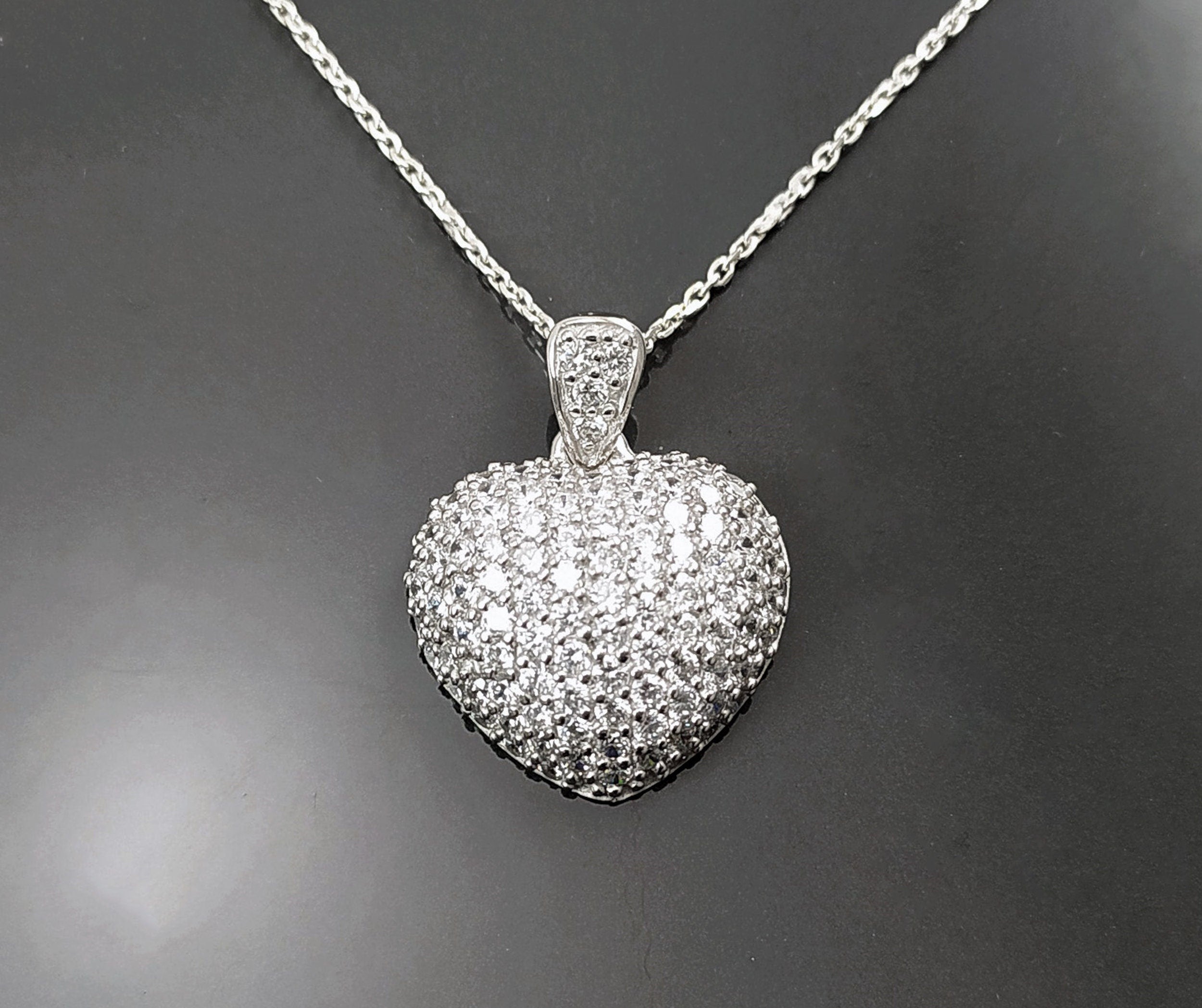 Forever Pave Diamond Heart Necklace by KRAMIKE • Love Necklace for Girlfriend • Perfect Gift for Wife • Sterling Silver • Size L • KP003