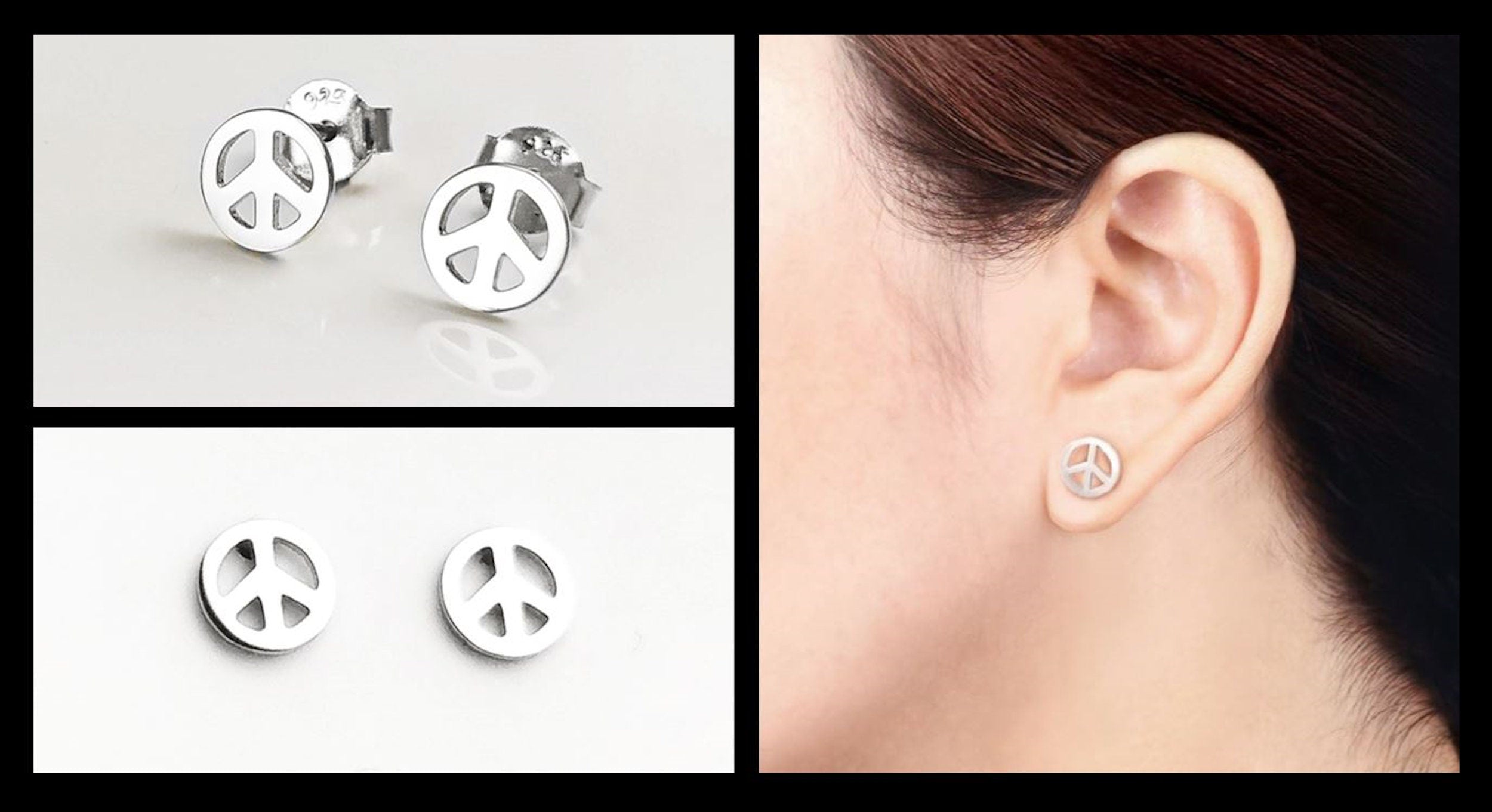 Sterling Silver Peace Love Stud Earrings, Boho Hipster Icon 70's Jewelry