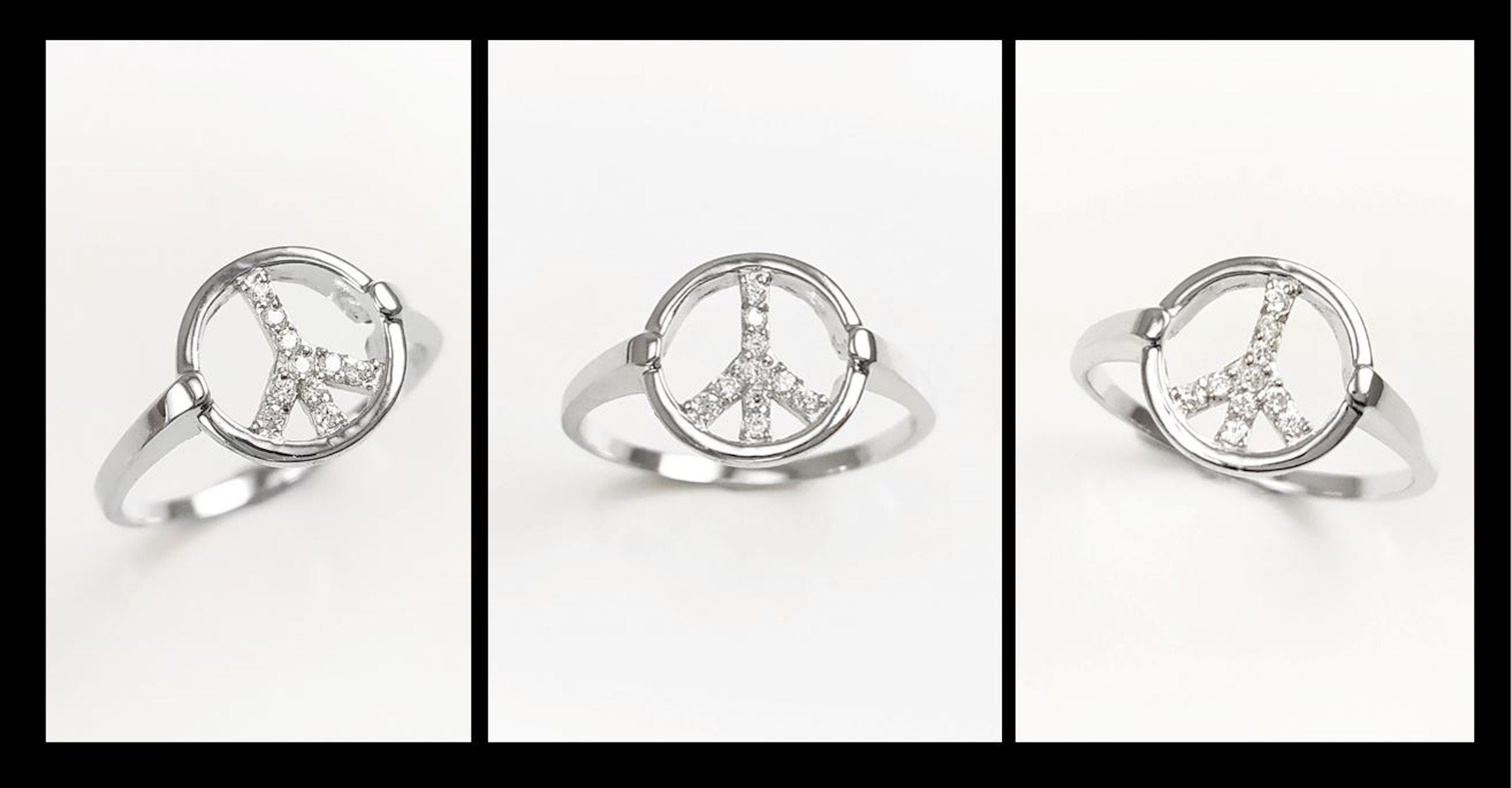 Peace & Love Necklace, Sterling Silver 925, Love and Peace Symbol Sign Pendant Chain, Hipster Boho 70's Icon Charm Jewelry, White Cz stone
