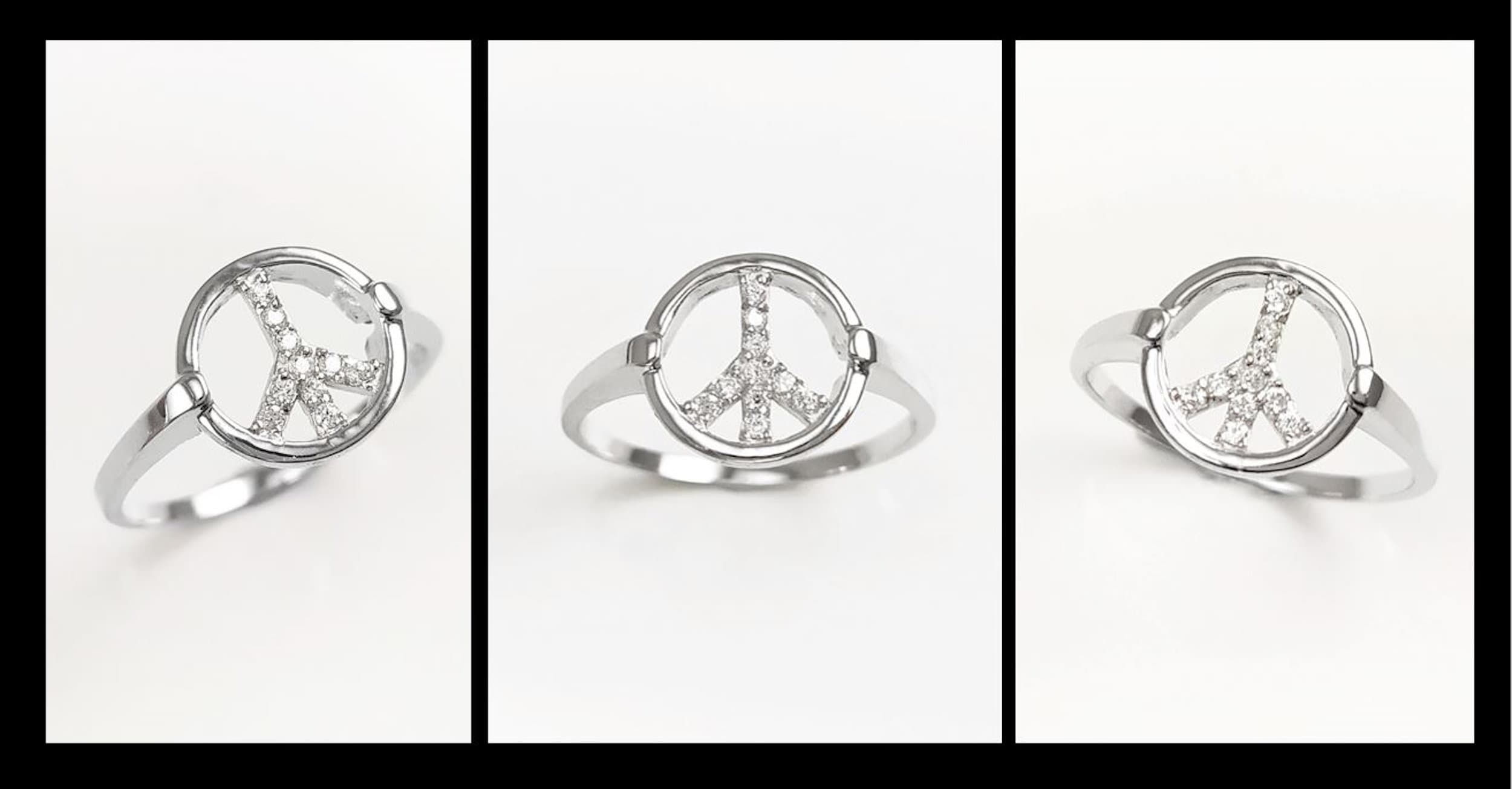 Peace & Love Bracelet, Sterling Silver 925, Love and Peace Symbol Sign Pendant Chain, Boho Hipster 70's Icon Jewelry, White clear Cz stone