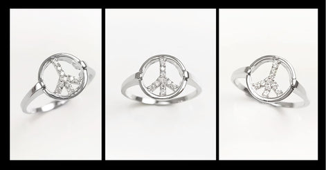 Peace & Love Bracelet, Sterling Silver 925, Love and Peace Symbol Sign Pendant Chain, Boho Hipster 70's Icon Jewelry, White clear Cz stone