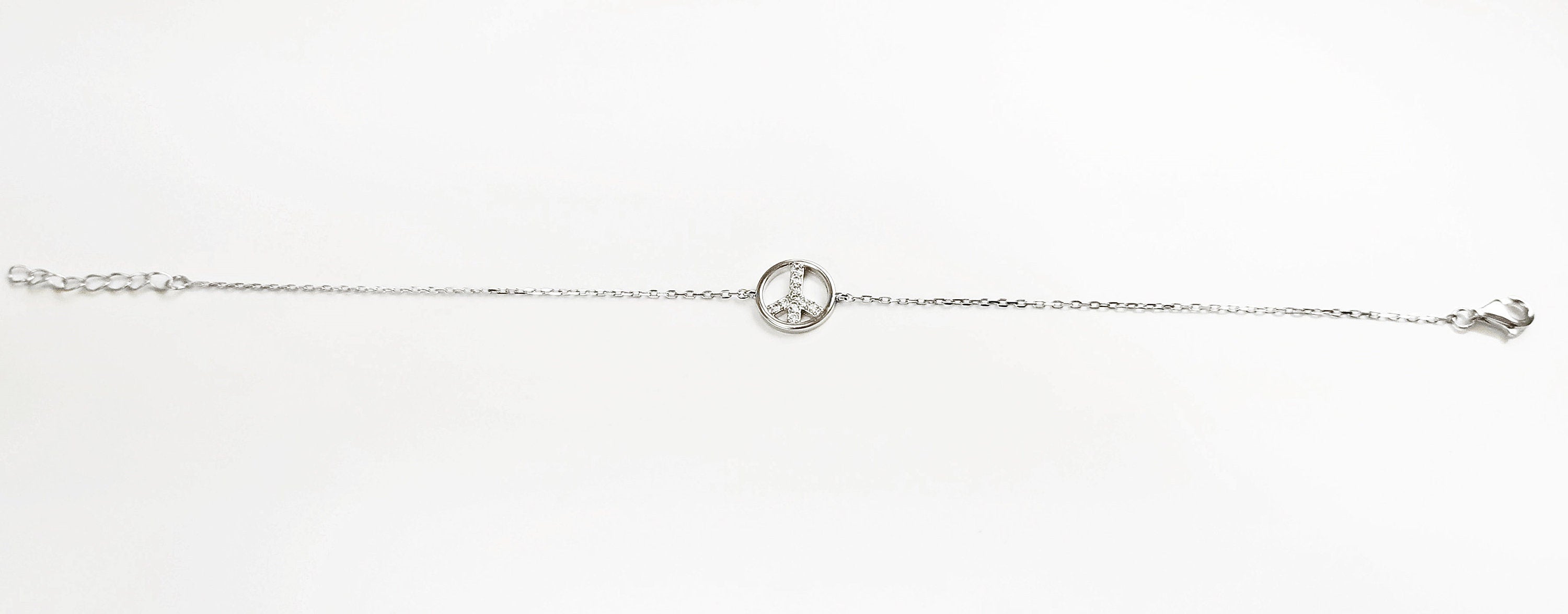 Peace & Love Bracelet, Sterling Silver 925, Love and Peace Symbol Sign Pendant Chain, Boho Hipster 70's Icon Jewelry, White clear Cz stone