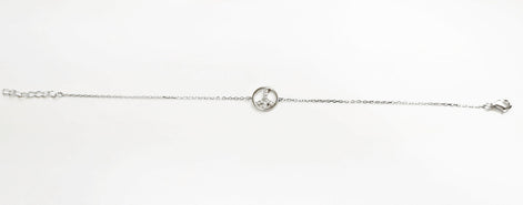 Peace & Love Bracelet, Sterling Silver 925, Love and Peace Symbol Sign Pendant Chain, Boho Hipster 70's Icon Jewelry, White clear Cz stone