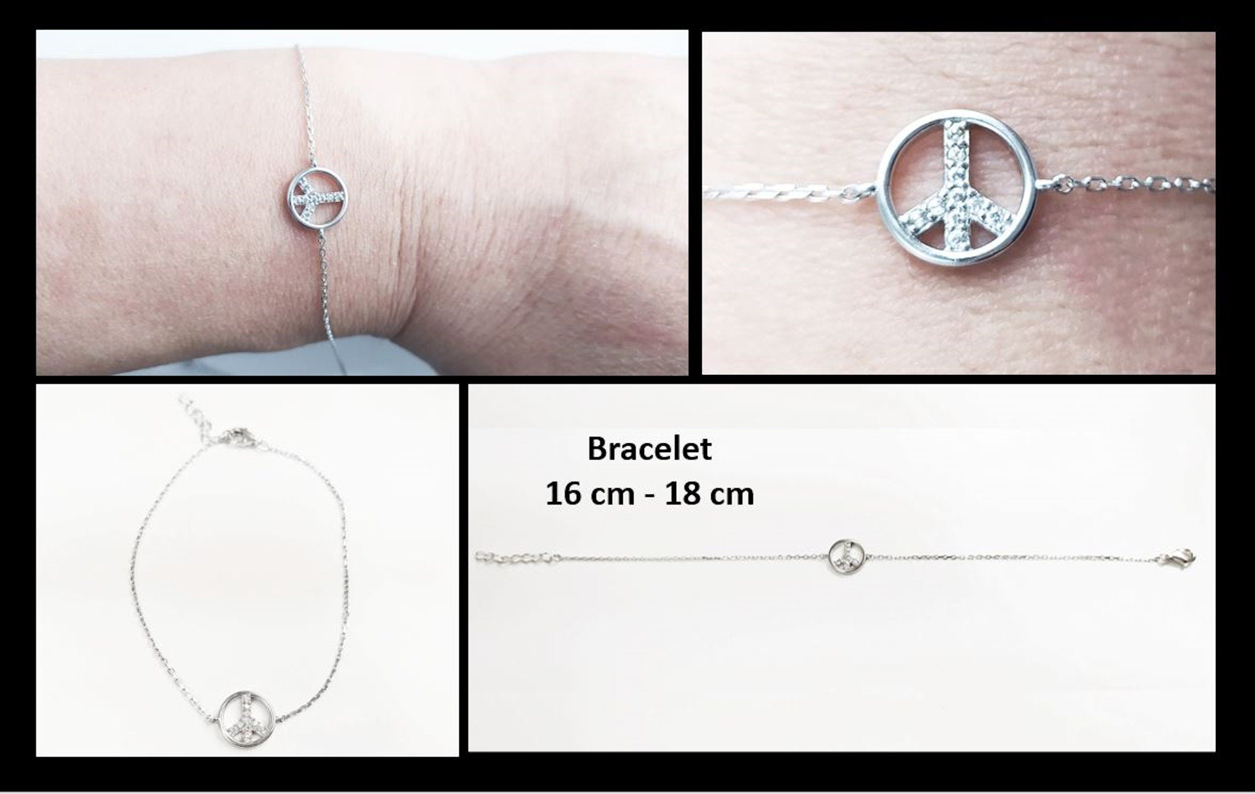 Peace & Love Bracelet, Sterling Silver 925, Love and Peace Symbol Sign Pendant Chain, Boho Hipster 70's Icon Jewelry, White clear Cz stone