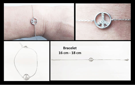 Peace & Love Bracelet, Sterling Silver 925, Love and Peace Symbol Sign Pendant Chain, Boho Hipster 70's Icon Jewelry, White clear Cz stone