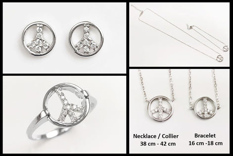 Peace & Love Bracelet, Sterling Silver 925, Love and Peace Symbol Sign Pendant Chain, Boho Hipster 70's Icon Jewelry, White clear Cz stone