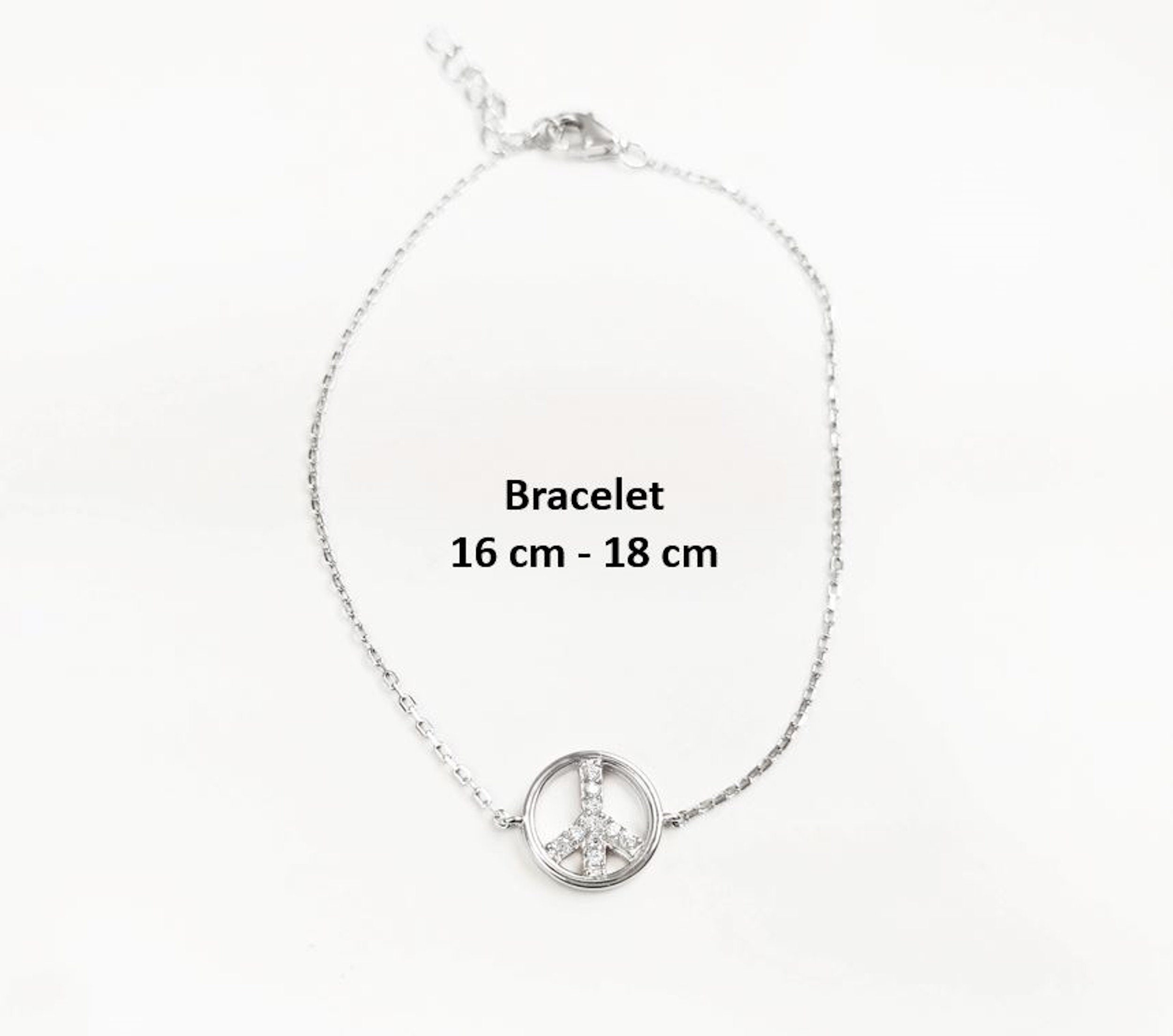 Peace & Love Bracelet, Sterling Silver 925, Love and Peace Symbol Sign Pendant Chain, Boho Hipster 70's Icon Jewelry, White clear Cz stone