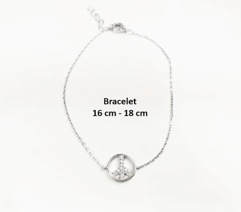Peace & Love Bracelet, Sterling Silver 925, Love and Peace Symbol Sign Pendant Chain, Boho Hipster 70's Icon Jewelry, White clear Cz stone