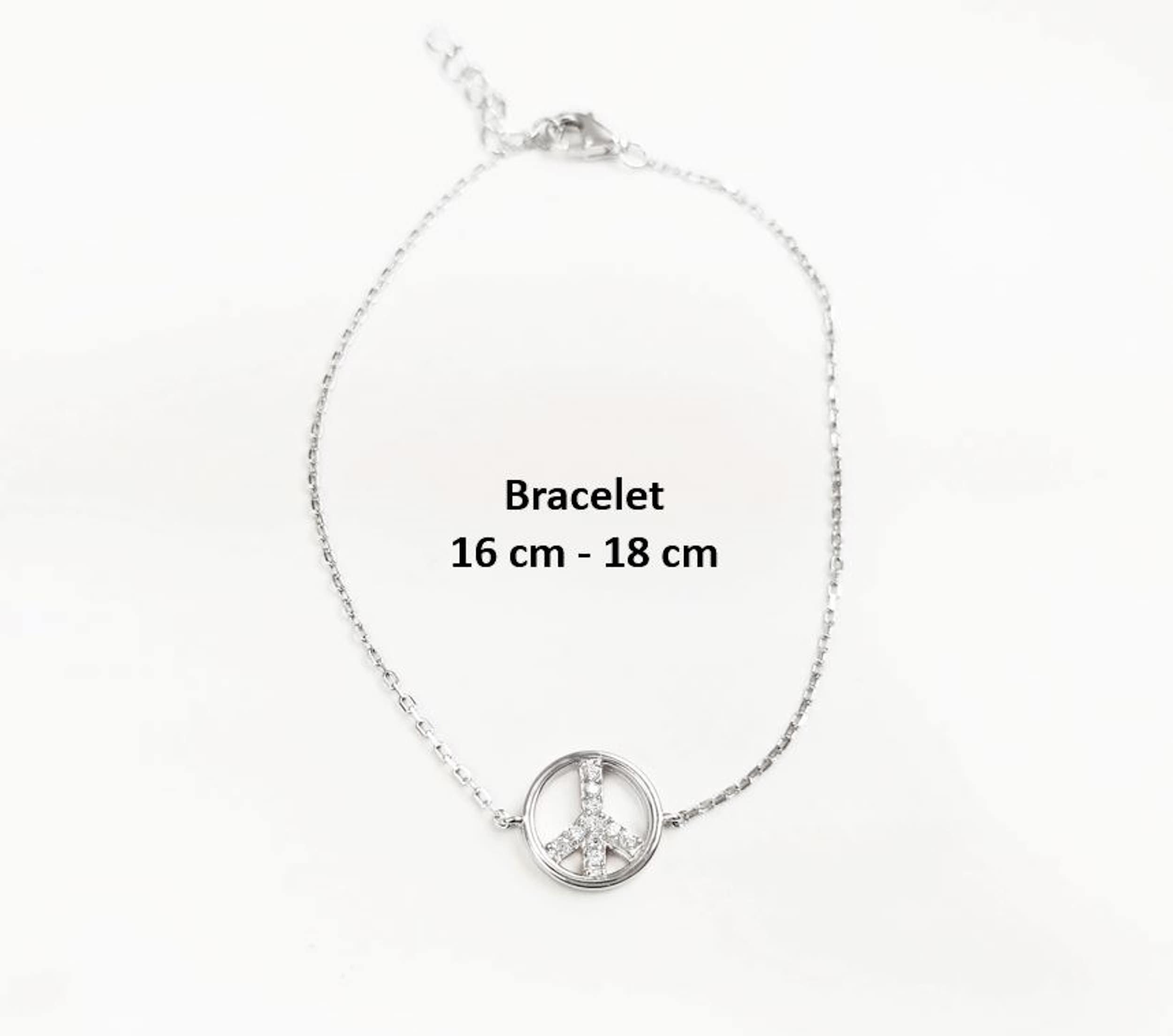 Peace & Love Bracelet, Sterling Silver 925, Love and Peace Symbol Sign Pendant Chain, Boho Hipster 70's Icon Jewelry, White clear Cz stone
