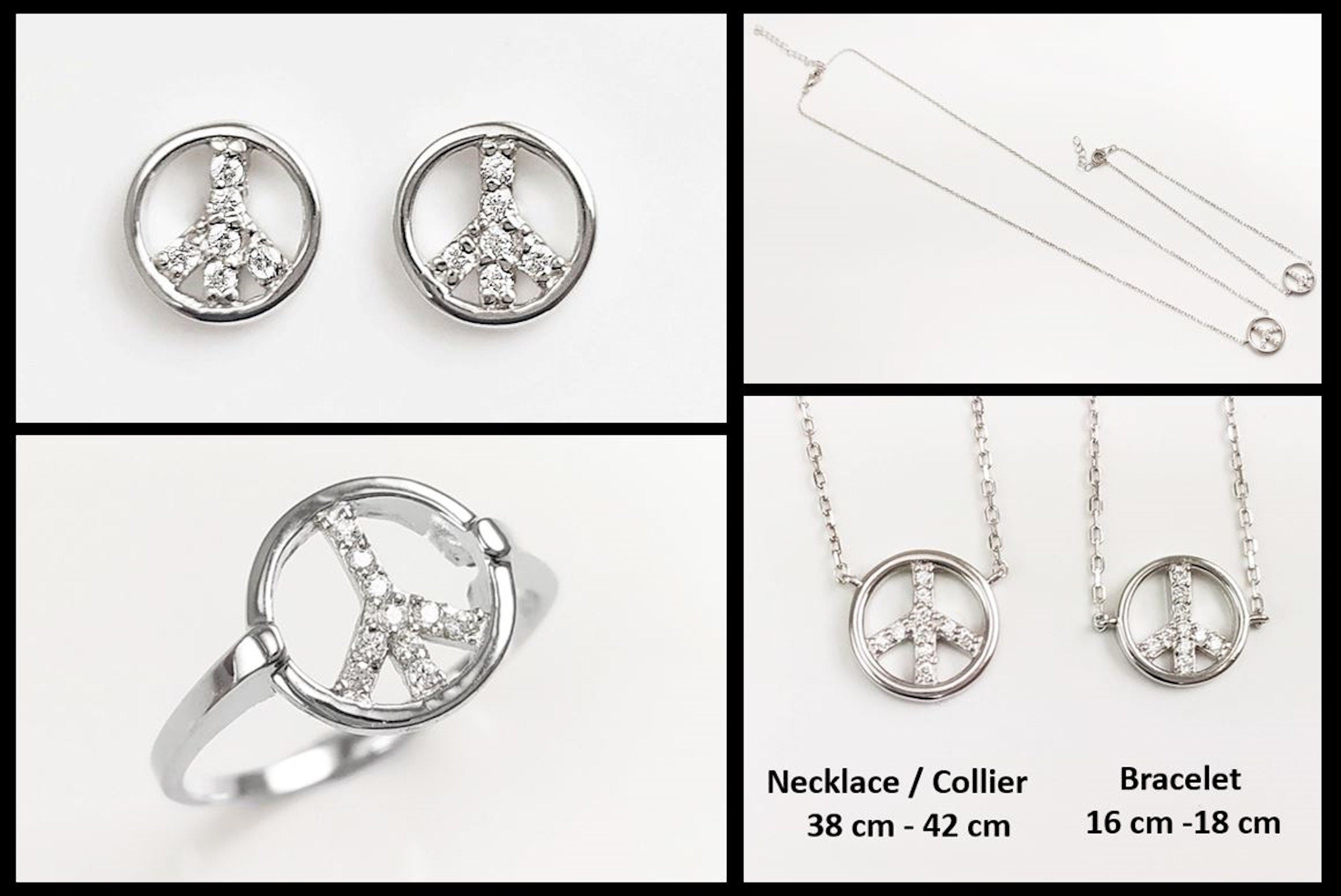 Peace & Love Necklace, Sterling Silver 925, Love and Peace Symbol Sign Pendant Chain, Hipster Boho 70's Icon Charm Jewelry, White Cz stone