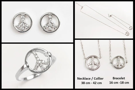 Peace & Love Necklace, Sterling Silver 925, Love and Peace Symbol Sign Pendant Chain, Hipster Boho 70's Icon Charm Jewelry, White Cz stone