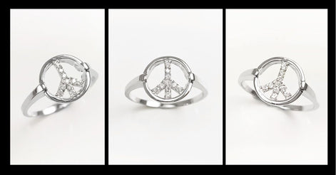 Peace & Love Earrings, Sterling Silver 925, Love and Peace Symbol Sign Stud Earrings, Boho Hipster 70's Icon Jewelry, White Cz stone