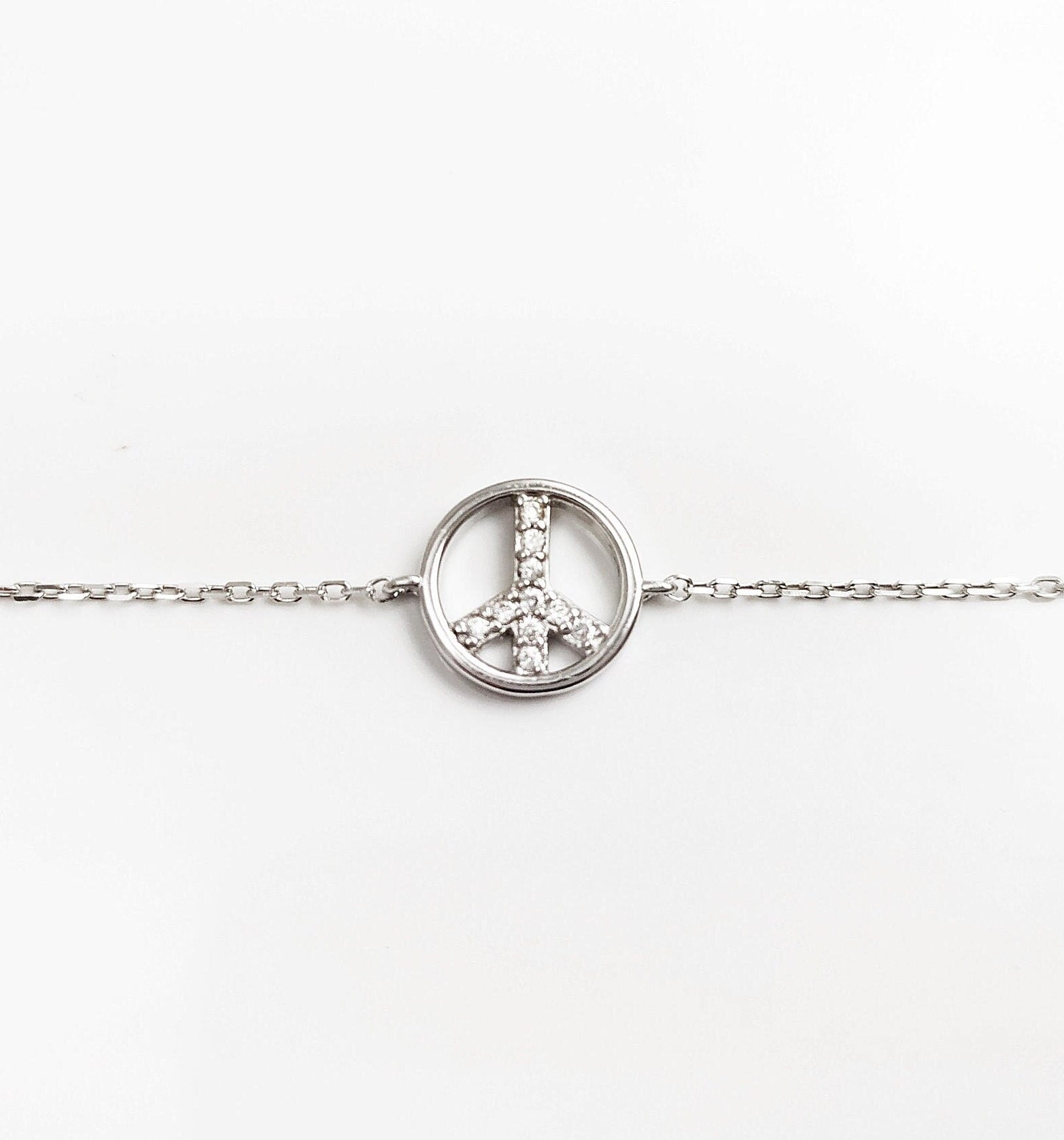 Peace & Love Necklace, Sterling Silver 925, Love and Peace Symbol Sign Pendant Chain, Hipster Boho 70's Icon Charm Jewelry, White Cz stone
