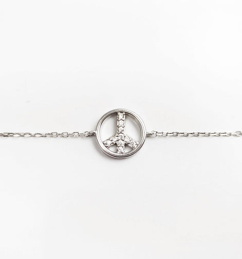 Peace & Love Necklace, Sterling Silver 925, Love and Peace Symbol Sign Pendant Chain, Hipster Boho 70's Icon Charm Jewelry, White Cz stone