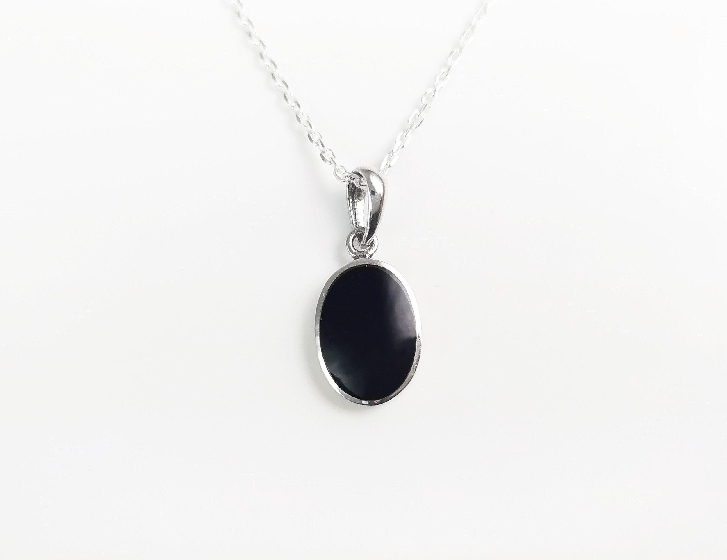 Flat Oval Pendant, Sterling Silver Genuine Black Onyx Gemstone, Small Everyday jewelry, Modern Minimalist Style, Minimalist Stone Pendent.
