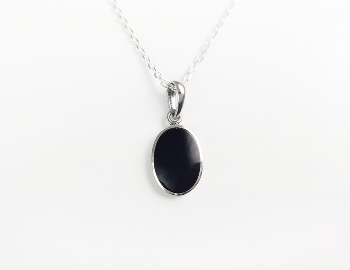 Flat Oval Pendant, Sterling Silver Genuine Black Onyx Gemstone, Small Everyday jewelry, Modern Minimalist Style, Minimalist Stone Pendent.