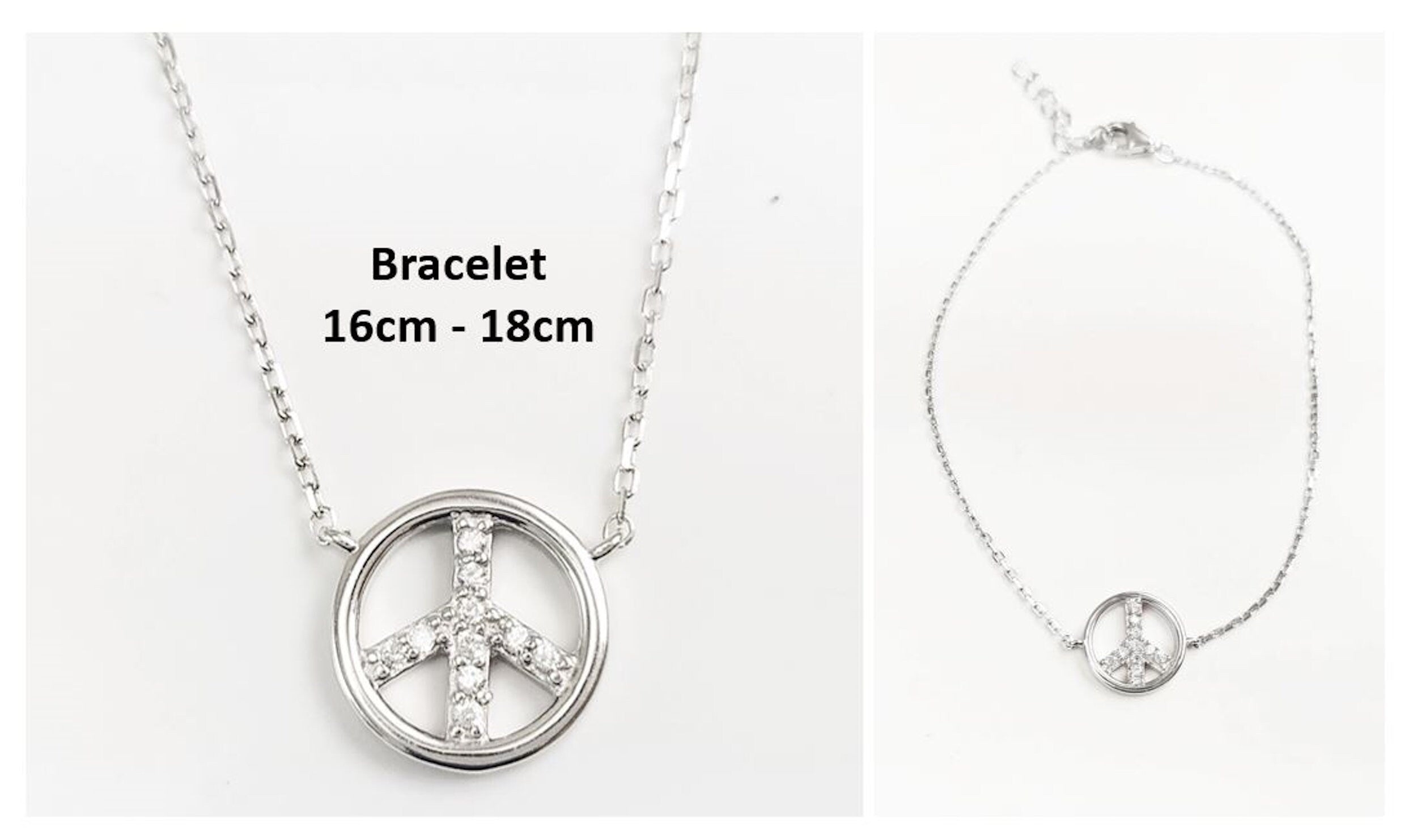 Peace & Love Bracelet, Sterling Silver 925, Love and Peace Symbol Sign Pendant Chain, Boho Hipster 70's Icon Jewelry, White clear Cz stone