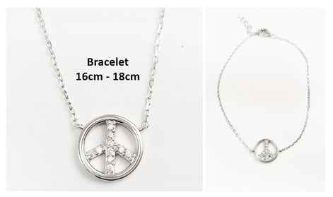Peace & Love Bracelet, Sterling Silver 925, Love and Peace Symbol Sign Pendant Chain, Boho Hipster 70's Icon Jewelry, White clear Cz stone