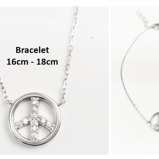 Peace & Love Bracelet, Sterling Silver 925, Love and Peace Symbol Sign Pendant Chain, Boho Hipster 70's Icon Jewelry, White clear Cz stone