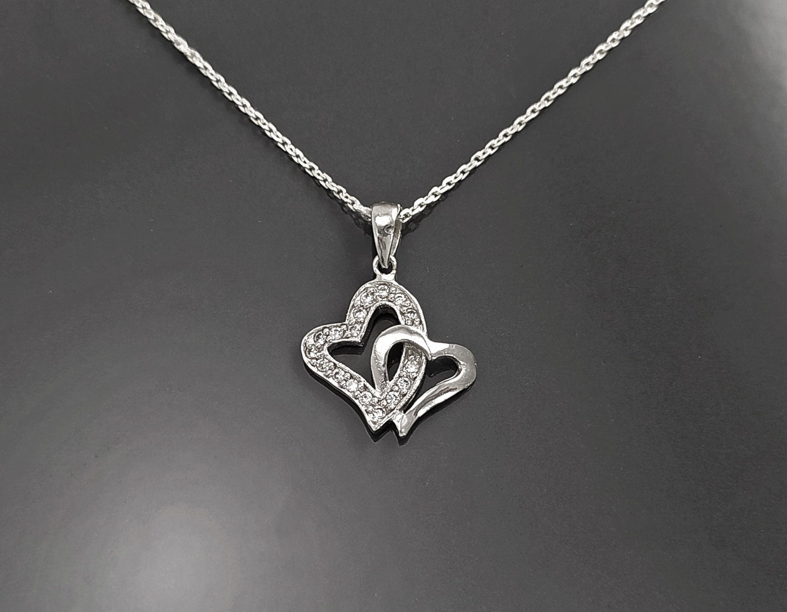 Sterling Silver Double Heart Necklace, Paved Clear CZ Stones, Promise Charm