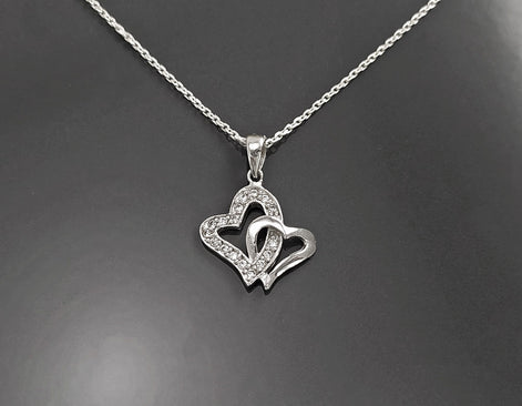 Sterling Silver Double Heart Necklace, Paved Clear CZ Stones, Promise Charm