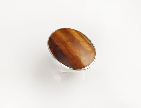 Tiger Eye Ring, Sterling Silver, Tawny Brown Tigers Eye, fawn color Stone, Original Oval Form Jewelry, Unique Unisex Statement Modern Ring