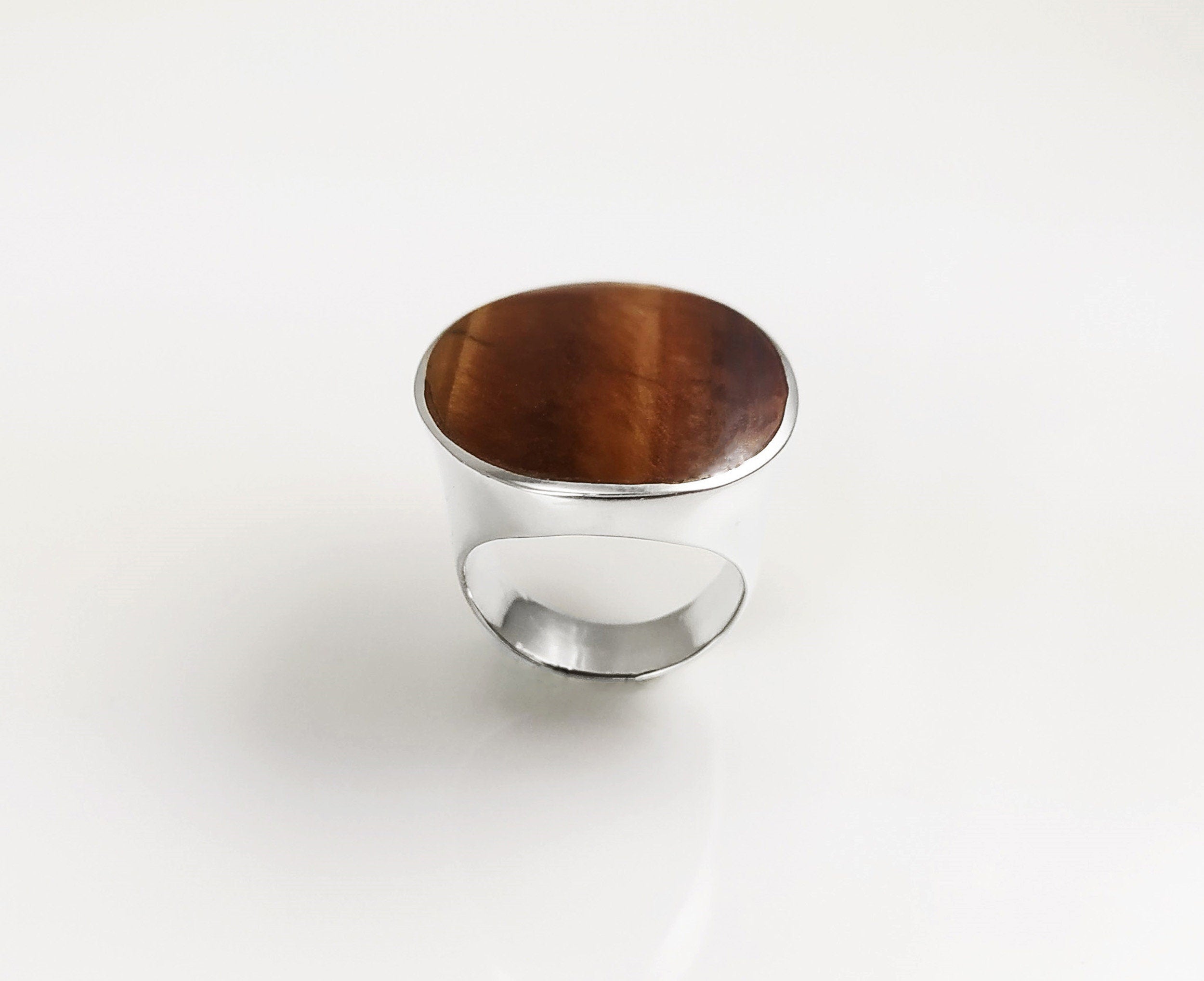 Tiger Eye Ring, Sterling Silver, Tawny Brown Tigers Eye, fawn color Stone, Original Oval Form Jewelry, Unique Unisex Statement Modern Ring