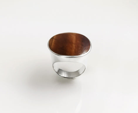 Tiger Eye Ring, Sterling Silver, Tawny Brown Tigers Eye, fawn color Stone, Original Oval Form Jewelry, Unique Unisex Statement Modern Ring