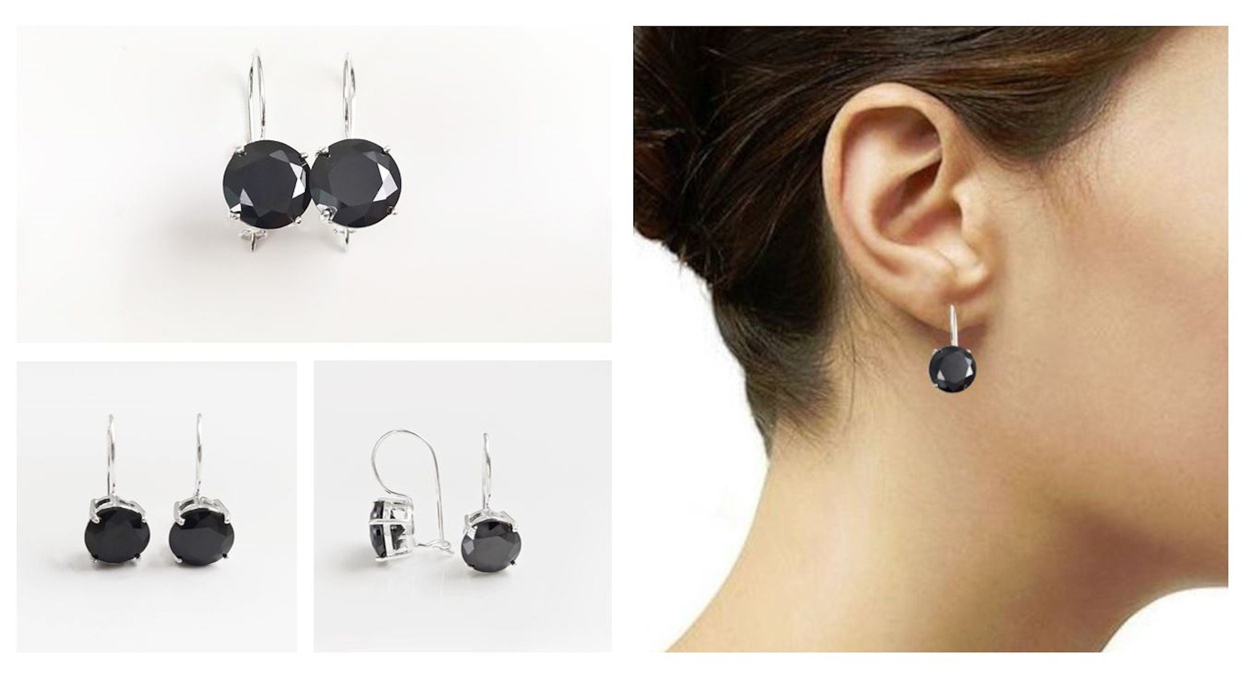 Black Drop Earrings, 925 Sterling Silver, Black Solitaire 10mm Round Stone, 6ct Onyx simulant (CZ), Birthday gift, Hook Earrings