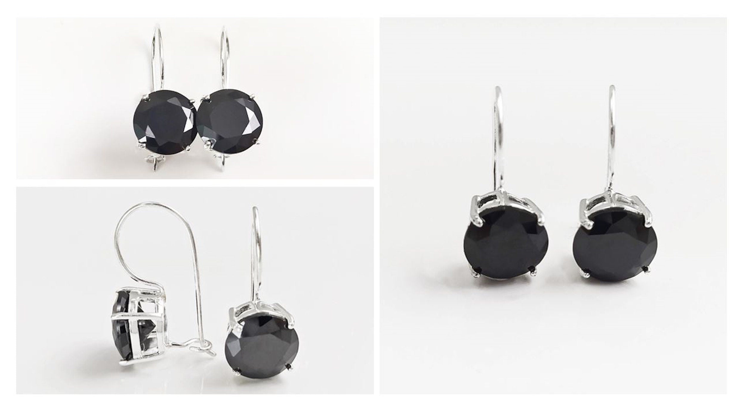 Black Drop Earrings, 925 Sterling Silver, Black Solitaire 10mm Round Stone, 6ct Onyx simulant (CZ), Birthday gift, Hook Earrings