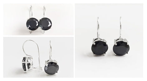 Black Drop Earrings, 925 Sterling Silver, Black Solitaire 10mm Round Stone, 6ct Onyx simulant (CZ), Birthday gift, Hook Earrings