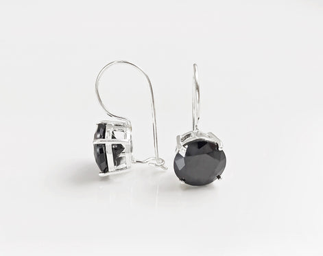 Black Drop Earrings, 925 Sterling Silver, Black Solitaire 10mm Round Stone, 6ct Onyx simulant (CZ), Birthday gift, Hook Earrings
