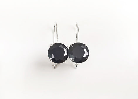 Black Drop Earrings, 925 Sterling Silver, Black Solitaire 10mm Round Stone, 6ct Onyx simulant (CZ), Birthday gift, Hook Earrings
