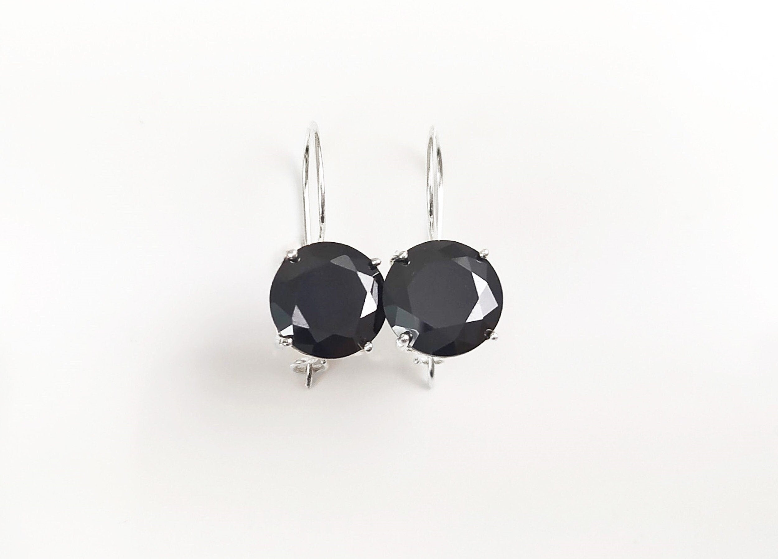 Black Drop Earrings, 925 Sterling Silver, Black Solitaire 10mm Round Stone, 6ct Onyx simulant (CZ), Birthday gift, Hook Earrings