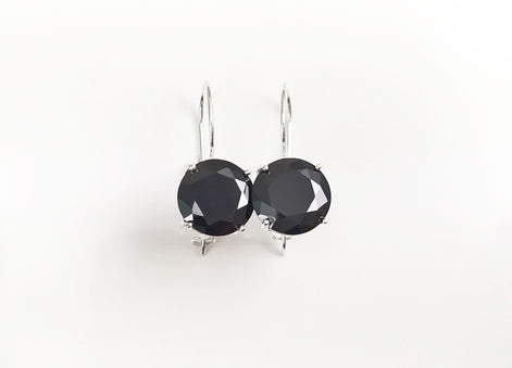 Black Drop Earrings, 925 Sterling Silver, Black Solitaire 10mm Round Stone, 6ct Onyx simulant (CZ), Birthday gift, Hook Earrings