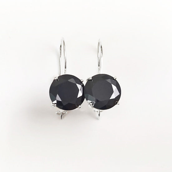 Black Drop Earrings, 925 Sterling Silver, Black Solitaire 10mm Round Stone, 6ct Onyx simulant (CZ), Birthday gift, Hook Earrings
