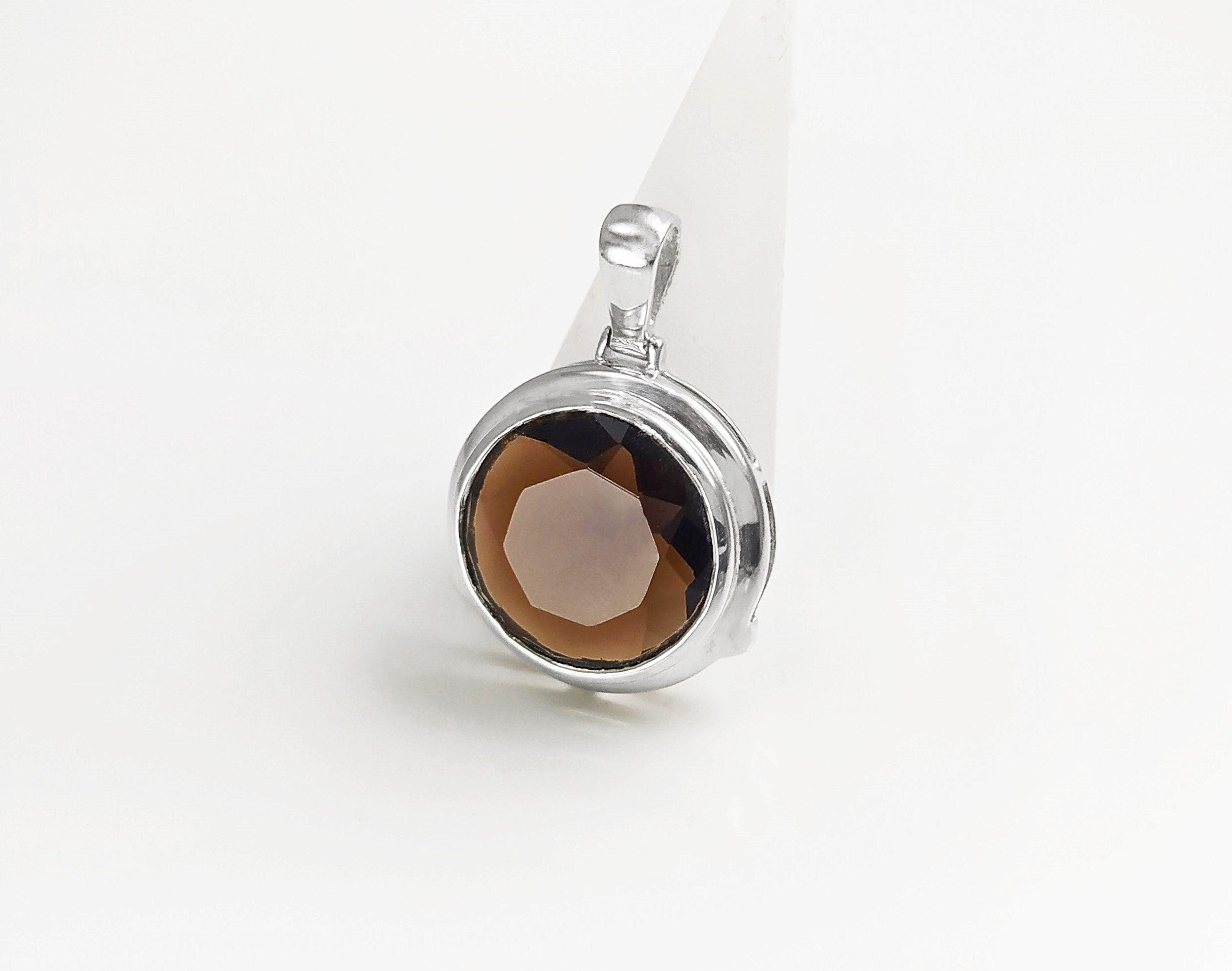 925 Brown Smoky Quartz Stone, Round Silver Pendant, Sterling Silver, Manmade Deep Brown Colored Cz Stone, Statement Big Round, Necklace Gift