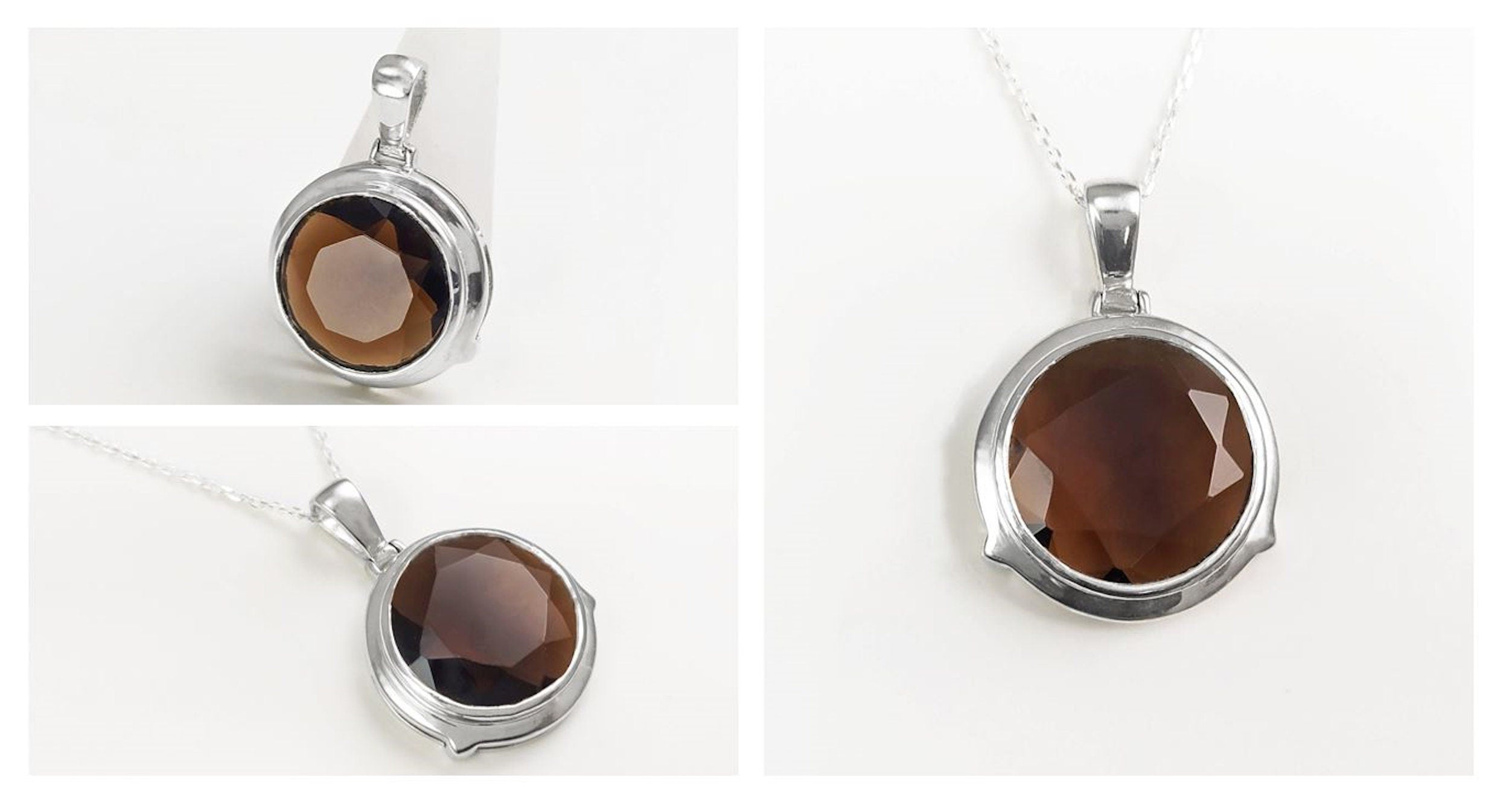 925 Brown Smoky Quartz Stone, Round Silver Pendant, Sterling Silver, Manmade Deep Brown Colored Cz Stone, Statement Big Round, Necklace Gift