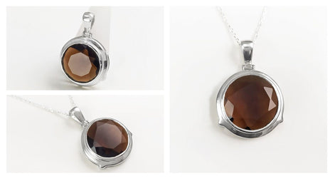 925 Brown Smoky Quartz Stone, Round Silver Pendant, Sterling Silver, Manmade Deep Brown Colored Cz Stone, Statement Big Round, Necklace Gift