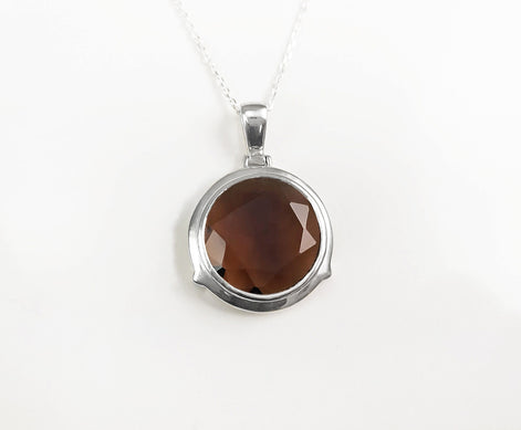 925 Brown Smoky Quartz Stone, Round Silver Pendant, Sterling Silver, Manmade Deep Brown Colored Cz Stone, Statement Big Round, Necklace Gift