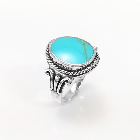 Turquoise Ring, Sterling Silver, Blue Green Turquoise stone, Unisex Jewelry, Flat Oval Stone Ring, Intricate Hipster Antique Rope Shank Ring