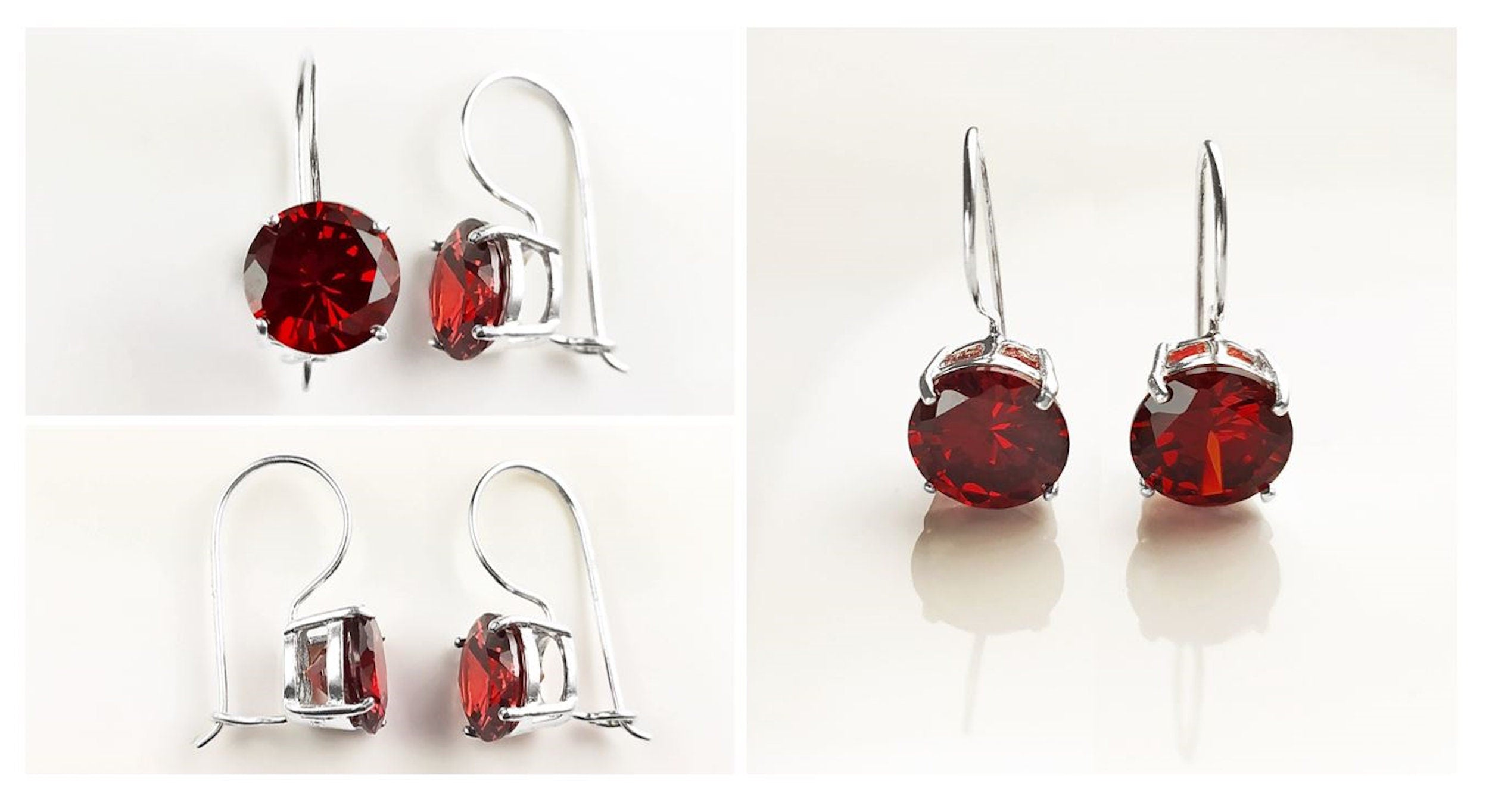 Red cz 925 Silver Dangle Earrings, RED Solitaire Stone Earrings, 6ct Lab Diamonds simulant (CZ), Birthday gift, Sterling Silver Jewelry.