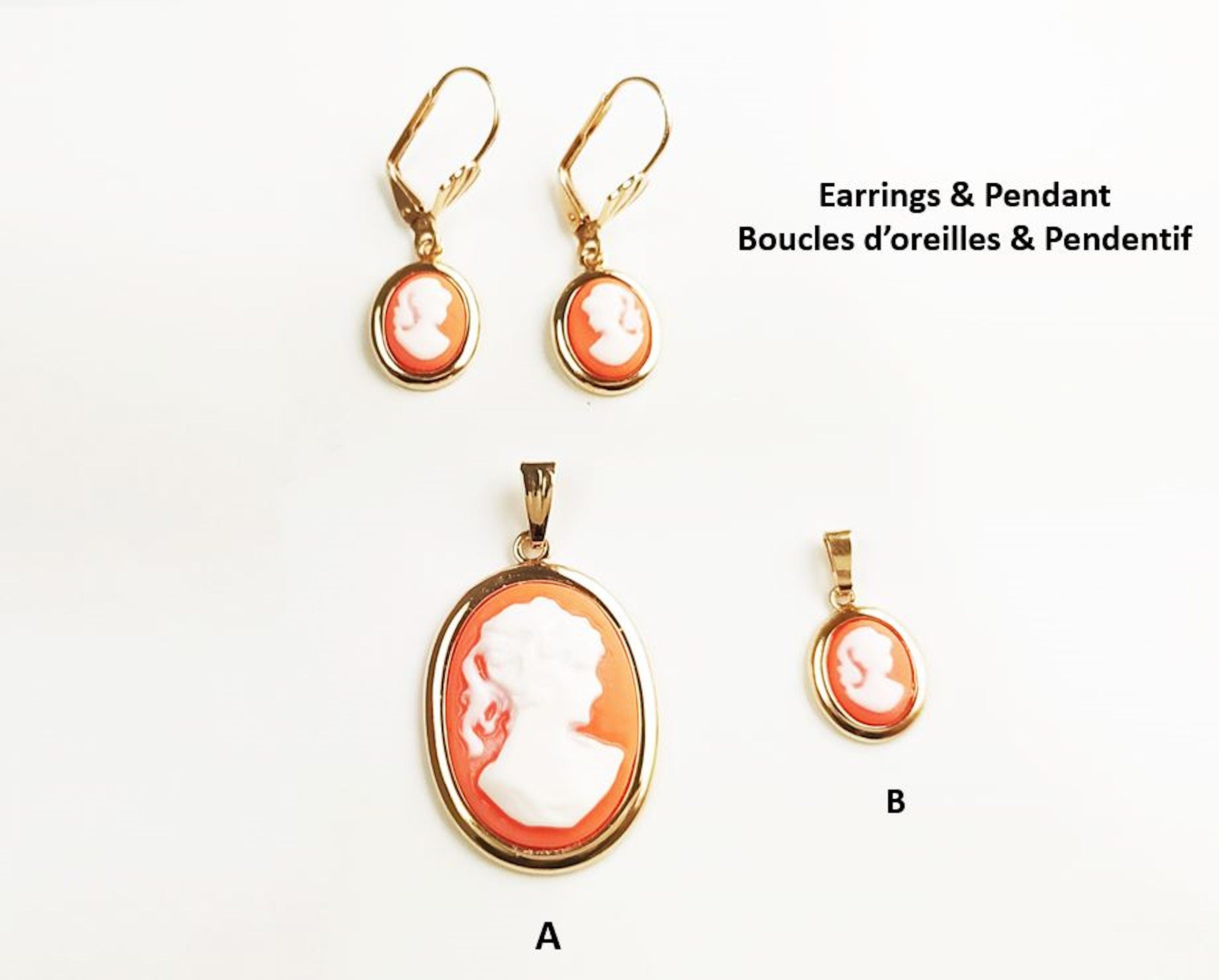 Cameo Earrings – Victorian Woman Portrait, Red Resin Stone 18K gold-plated Jewelry