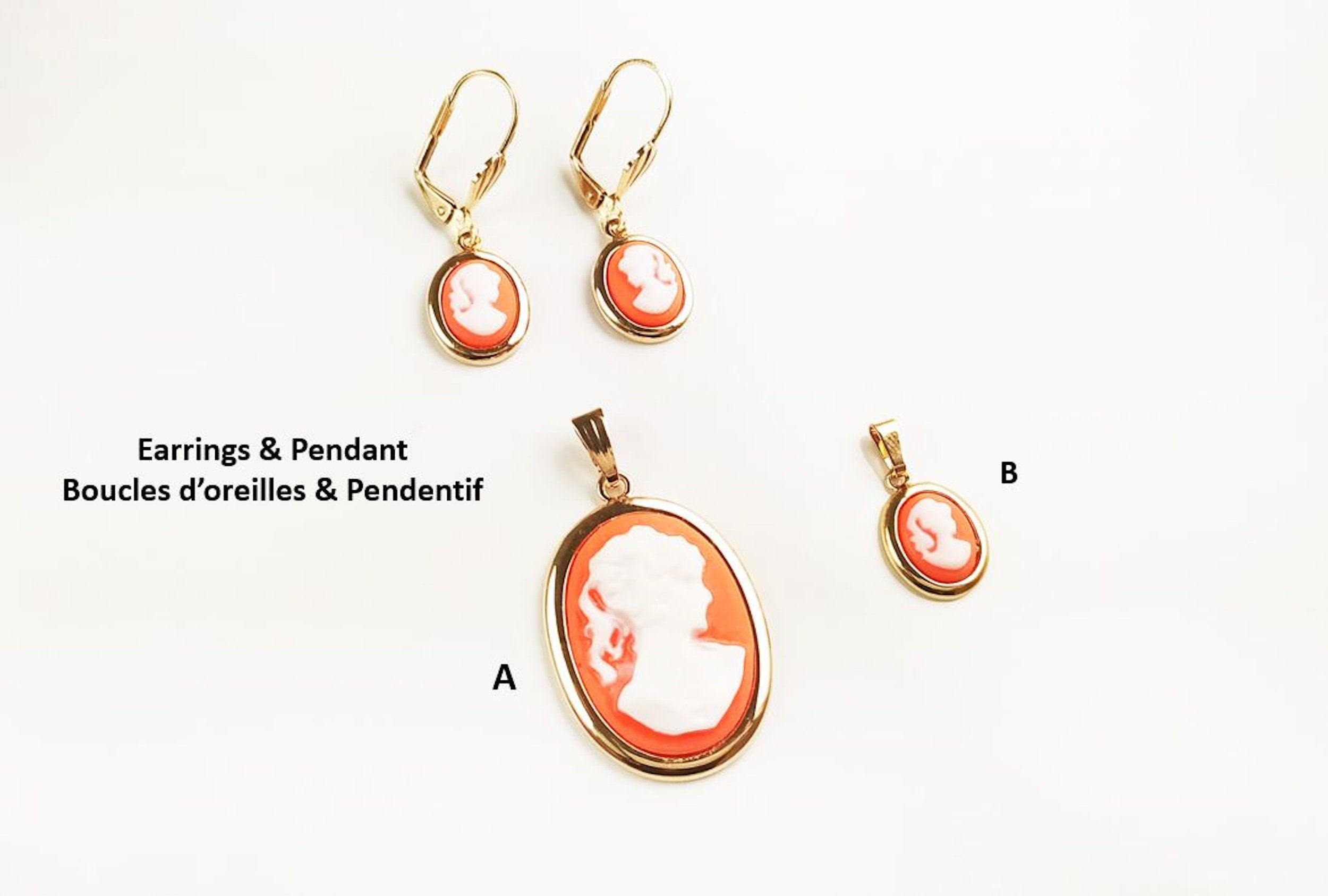 18K Gold Plated Cameo Pendant: Red Resin Stone, Vintage Victorian Necklace