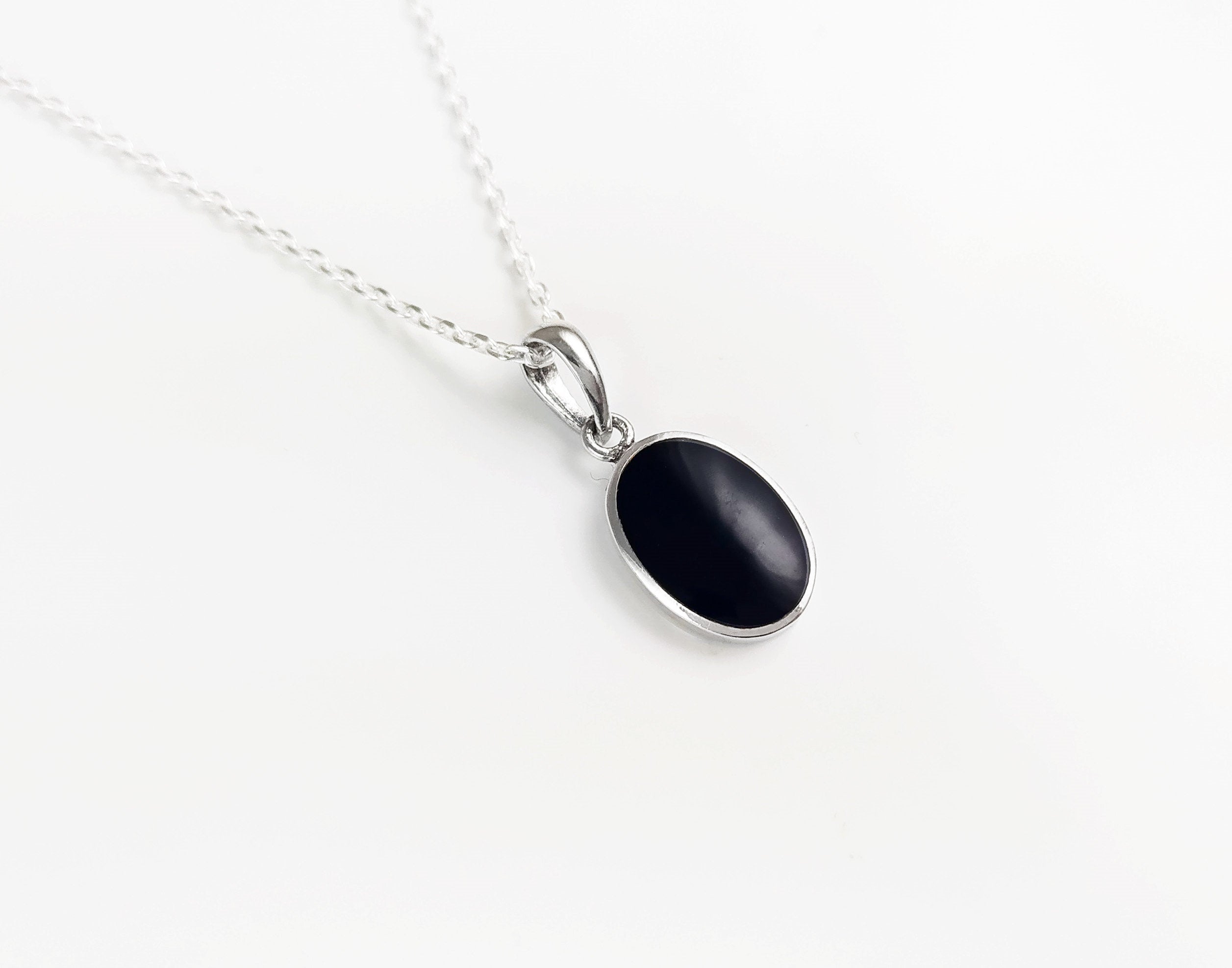 Flat Oval Pendant, Sterling Silver Genuine Black Onyx Gemstone, Small Everyday jewelry, Modern Minimalist Style, Minimalist Stone Pendent.